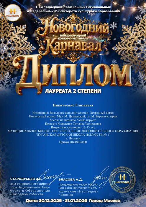 Никитченко Елизавета - диплом 2 сте