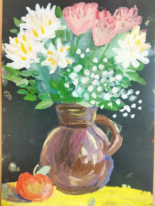 Линник Элина 8 лет. Праздничный букет. Гуашь, тонированная бумага