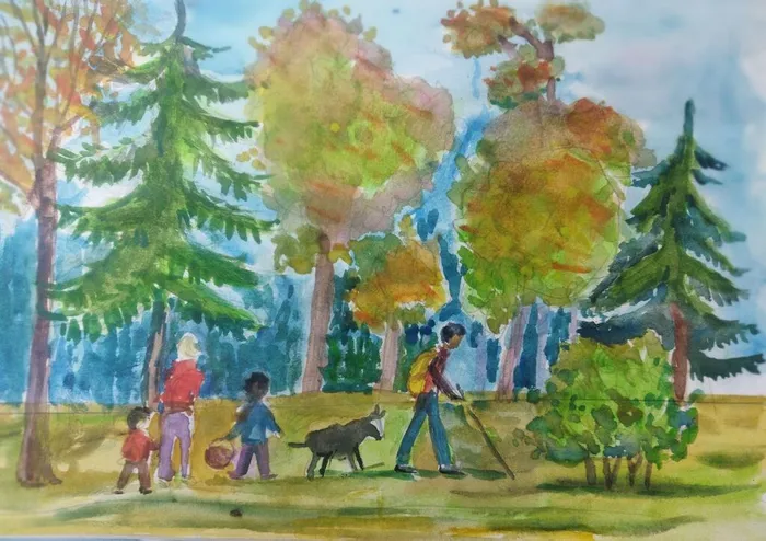 Мельников Егор  9 лет.  За грибами. Акварель